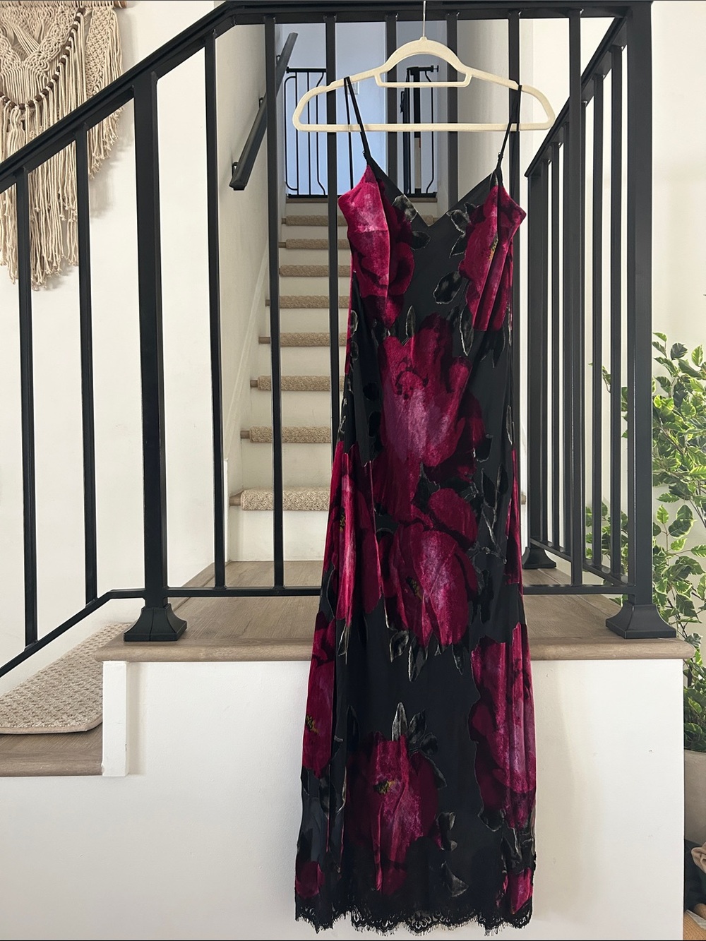 Trina Turk Black Slip Midi Dress with Deep Pink Floral Pattern